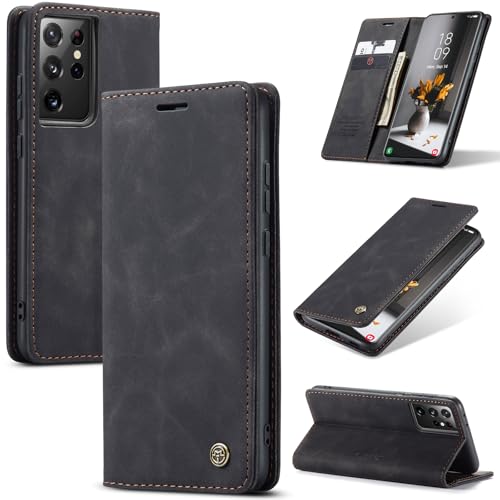 Azororo Handyhülle für Samsung Galaxy S21 Ultra 5G Hülle Premium Lederhülle Flip Case Magnet Tascher Kartenfach Standfunktion Klapphülle Schutzhülle für Samsung Galaxy S21 Ultra, Schwarz
