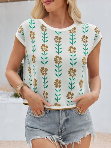 Image of Saodimallsu Womens Cap Sleeve Crop Tops Summer Color Block Going Out Crew Neck Knit Trendy Casual Sweater