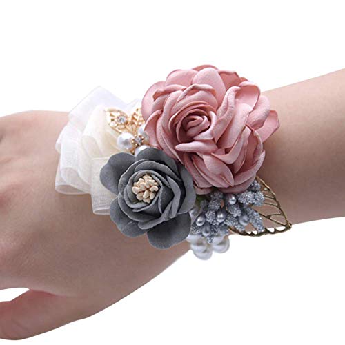 Teensery Wedding Bride Wrist Corsage Bridesmaid Wrist Flower Artificial Rose Faux Pearl Bracelet