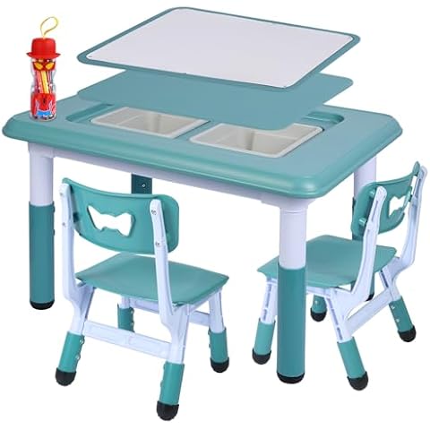 Domaker Double-Sided Activity Table,Height Adjustable Multi Drawing Table and Chair Set with 2 Chairs, Play Table with Storage Bins, Blue Cover