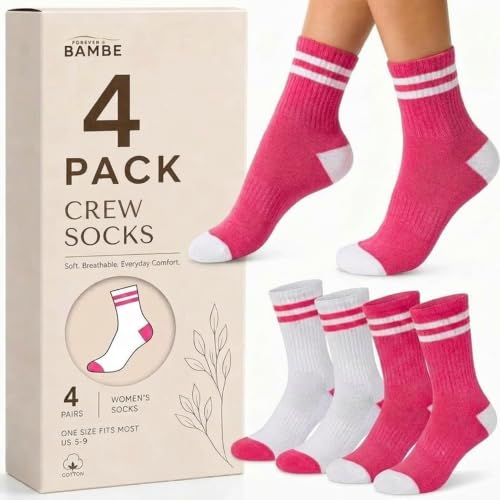 Forever Bambe Retro Crew Socks for Women - 4 Pink Socks