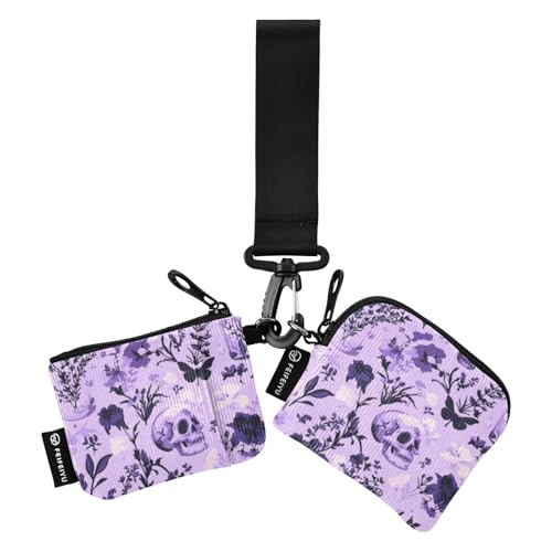 Monedero doble con diseño de flores y calaveras moradas para tarjetas de crédito, cartera de gran capacidad con correa de muñeca para mujeres y hombres, 2 piezas, Flores y calaveras moradas, 1 size