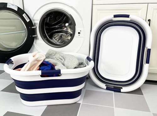 Image of SAMMART 40L (10.5 gallon) Set of 2 Collapsible Plastic Laundry Hamper - Foldable Pop Up Storage Container /Organizer - Portable Washing Tub - Space Saving Basket (2, White /Starry Blue)