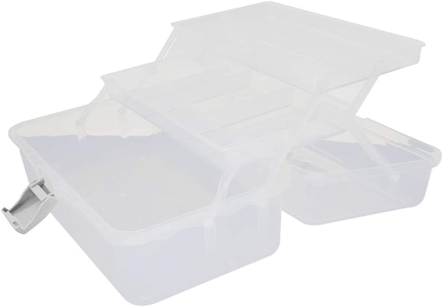 Heyiarbeit Portable Folding Tool Box Three-Layer Storage Box with Cantilever Tray Plastic Hardware Box Storage 13" x 7.9" x 5.9" Fully Translucent