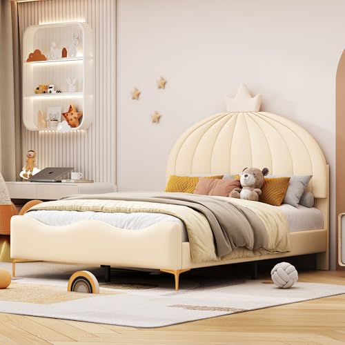 infirack Cuna tapizada para cama infantil, diseño minimalista con borde de arco, tela de piel sintética, patas de metal con somier, camas para niños y niñas