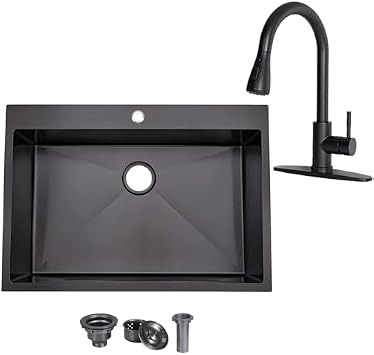 VAPSINT 28x18x9 Inch Gunmetal Black Drop in Kitchen Sink with Matte Black Kitchen Faucet Combo