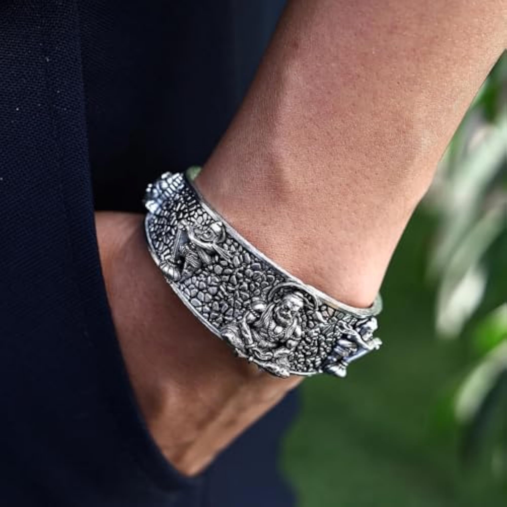 Stainless Steel Hanuman 5 Face Kada Bracelet and Pendant Set