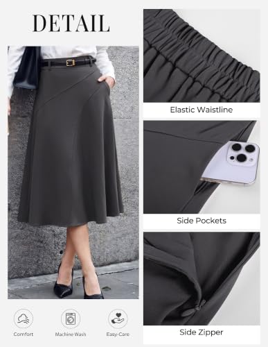 Image of Women's Business Casual Midi Skirt, High Waist Flowy Skirts with Pockets | Flowy, Work, Basic, Elegant, Teacher, Formal, Office, Funeral, Church, Fashion, Outfits, Clothing
