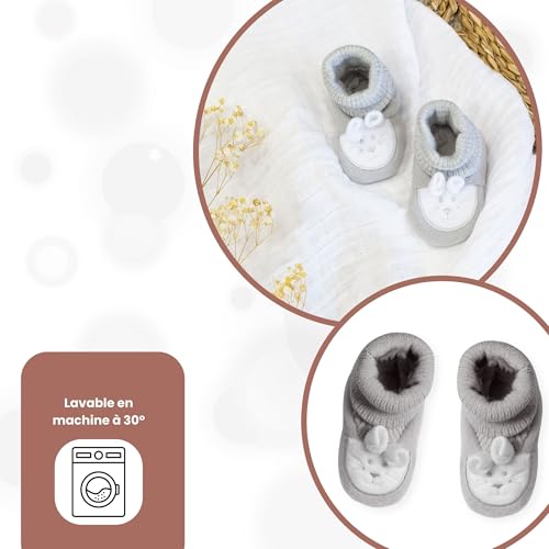 Trois Kilos Sept – Chaussons Bébé Naissance Lapin – Maille Douce – Chauds et Confortables – 0/1 Mois – Mixte – Gris – vue 6