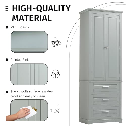 Image of Merax 70 inch Pantry Cabinet with Two Doors & Three Drawer, Adjustable Shelves Storage Cupboard for Kitchen /Dining Room /Bathroom, Gray