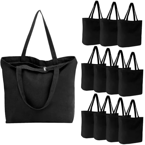 Segarty Black Canvas Tote, 12 Packs 16x15 inch Canvas Bags with Zipper, 12Oz Heavy Duty Canvas Reusable Grocery Shopping Bags, Plain Bag for Women Crafts Painting Embroidery, Gift Bags Bulk