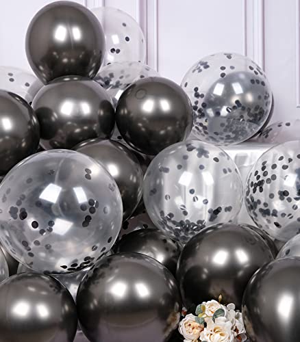Image of SUWEN Black Metallic and Confetti Balloons Set 47PCS Latex Helium Chrome | Black Balloon for Birthday Graduation Anniversary Party Decorations