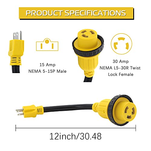Apeixoto 30Amp To 15Amp Rv Adapther Cord With Locking Connector, Nema 5-15P Male To L5-30R Twist Lock Female Electrical Power Dogbone Stw 10 Gauge Rv Trailer Camper 12Inch #TOP3