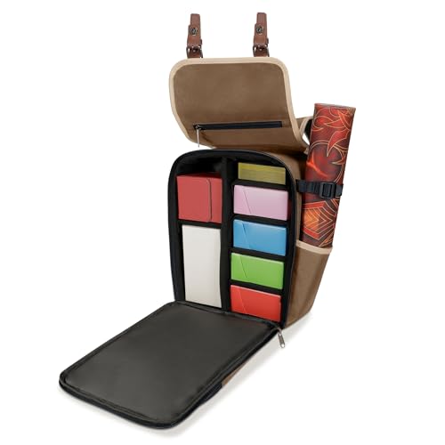 ENHANCE Designer Edition Compact MTG Backpack with Customizable Interior Fits Magic the Gathering Lorcana & more - Accessory Pocket for Dice Bags Booster Packs Tag Trackers Playmat Pocket (Tan)