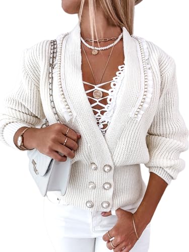CHICME Cardigan for Women 2025 V Neck Long Sleeve Pearl Beaded Knitted Cardigan Sweaters