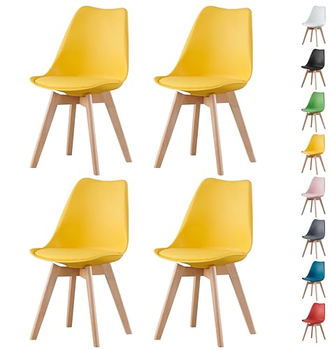 MOF Dining Chairs Set of 4–Modern Faux Leather Dining Room Chairs with Wooden Legs, Padded Seat & Curved Backrest–Easy to Clean Chair for Lounge, Kitchen, Office - Stylish DELUXE Retro EVA (YELLOW)