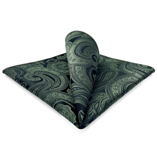 S&W SHLAX&WING Mens Pocket Sqaure Herren Einstecktücher Dark Grün Paisley Groß 32cm Seide