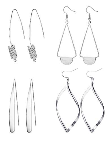 Hanpabum 4 Pairs Curved Threader Dangle Earrings for Women Girls Drop Hoop Bar Arrow Statement Earrings Set (Silver)