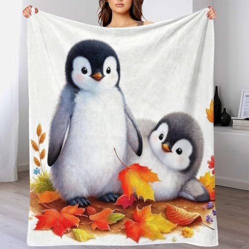 WXLWHR Manta De Franela Pingüino Cachorro, Manta De Hojas Otoñales para Sofá Y Cama, Suave Y Esponjoso para Sofá, Dormitorio, Cama, 50x60inch(127x152cm)