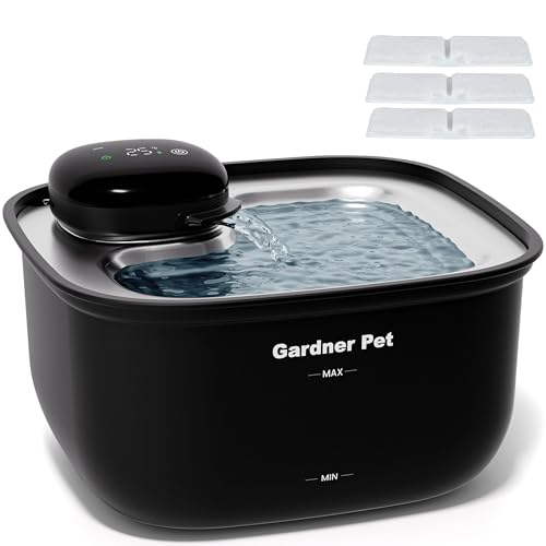 Gardner Pet Fontana per Gatti 3,78L Senza Fili, Distributore Acqua con Sensore di Movimento & Display Temperatura, a Batterie, Vassoio in Acciaio Inox, Pompa Silenziosa