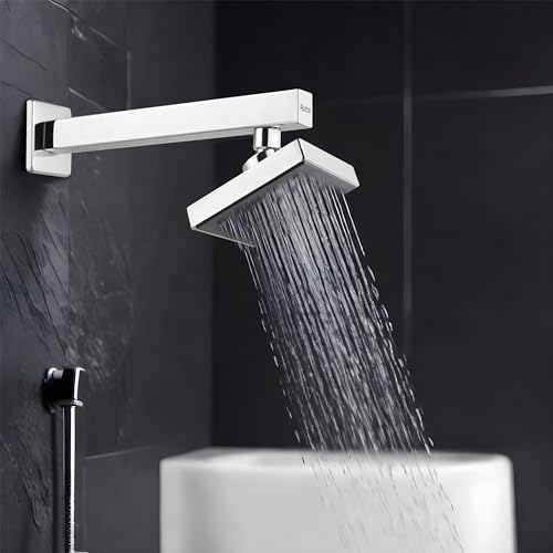Image of Ruhe Gamma ABS Overhead Shower Complete Set | 6x6 Inches Square Showerhead with 15 Inches Stainless Steel Shower Arm and Wall Flange | Chrome Finish Rain Shower with Easy-to-Clean Silicone Nozzles