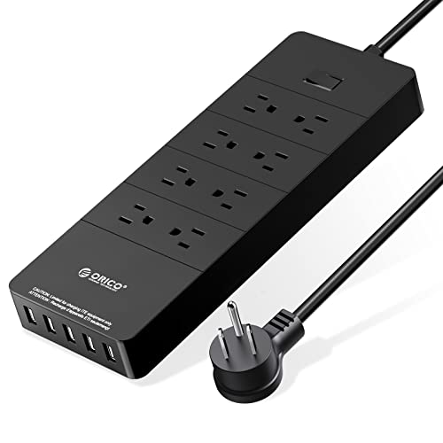 ORICO Surge Protector Power Strip with 8 Outlets and 5 USB Charging Ports, Flat Extension Cord 5 FT(1875W/15A), 1700J Ideal for Home and Office Accessories, ETL Listed - Black(HPC-8A5U)