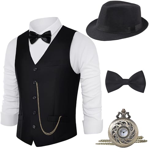BABEYOND 1920s Mens Costume, Gatsby Gangster Costume Accessories Set For Men, 1920s Mens Outfit with Fedora Hat Vintage Vest Bowtie Pocket Watch Armbands