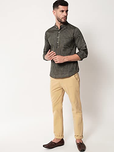Image of Vastraa Fusion Men's Handloom Weaving Pure Cotton Short Kurta, Round Collar, Full Sleeves,Button Kurta, Ethnic Wear