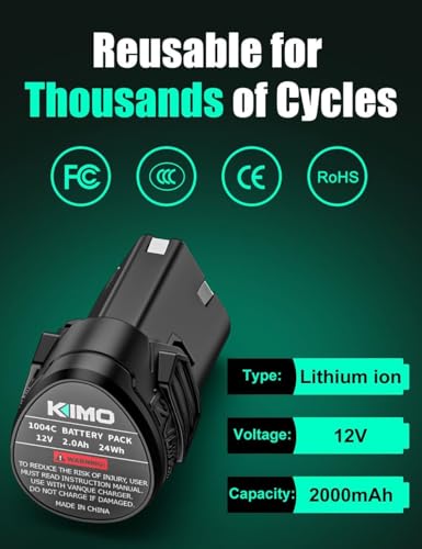 Image of KIMO 2 Pack 12V 2.0Ah Lithium-Ion Battery for KIMO 12V Ratchet Wrench, Brad Nailer, Drill Driver, Compatible with KIMO 12 Volt Power Tools