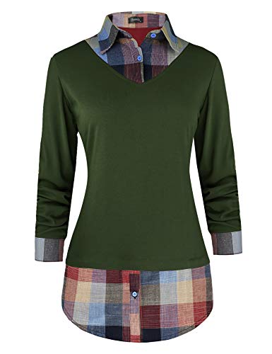 Image of Oyamiki Women's Casual Collared Curved Hem 2 in 1 Pullover Tops Plaid Contrast Shirt Blouse