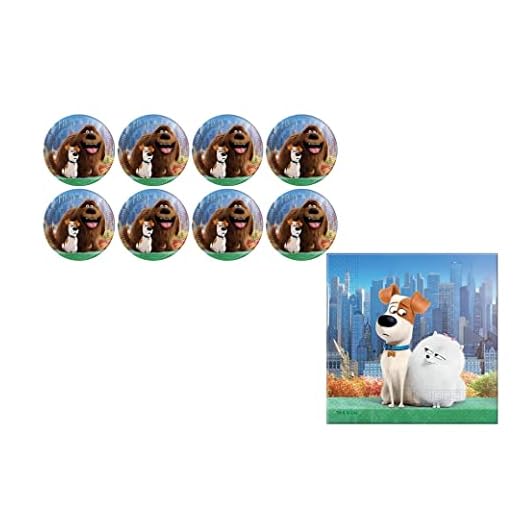 ALMACENESADAN, 4894, pack Mascotas, the secret live of pets compuesto por 20 servilletas de papel 33x33 cm y 8 platos de cartón de 23 cm, ideal para fiestas y cumpleaños. (8435510348946)