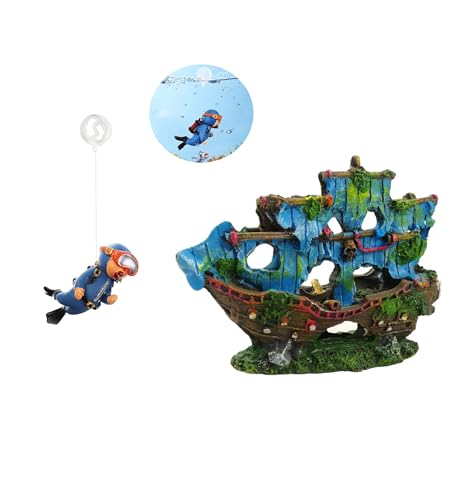 AWXZOM Aquarium Shipwreck Decoration + Little Diver Floating Fish Tank Decoration, Fish Tank Ornaments