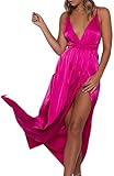 Yimeili Women's Sexy Deep V Neck Backless Split Maxi Cocktail Long Party Dresses(27Color S-XXL) (S, Rose red)