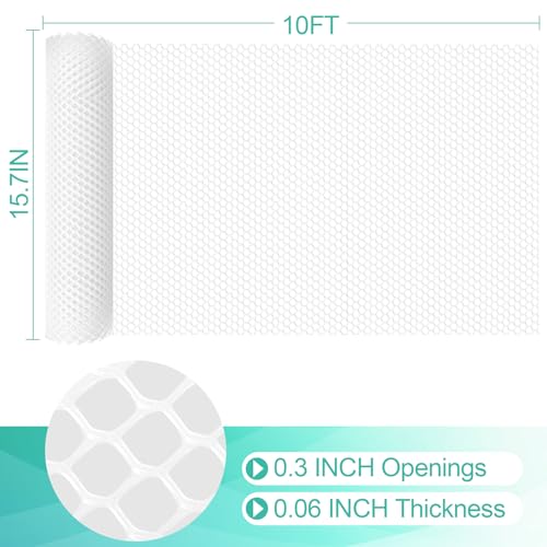 Image of Plastic Mesh Fence Sheet 15.7IN x 10FT - 0.3IN Opening Plastic Chicken Wire Netting Roll Durable for Dogs, Poultry, Puppy, Garden Snake Barrier with 50 Pcs Zip Ties - White