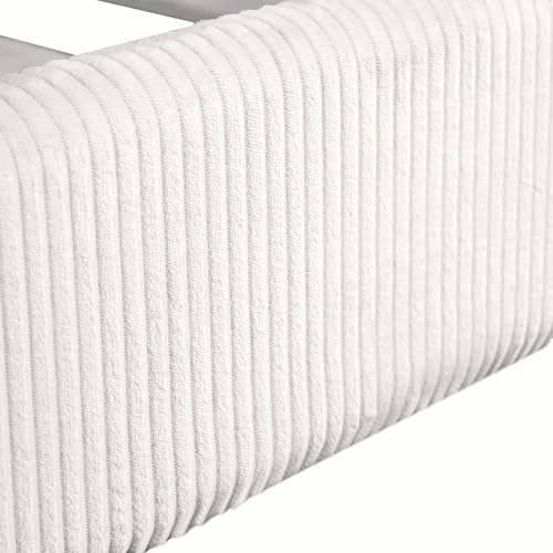 Image of Full Size Cute Corduroy Fabric Upholstered House Daybed with LED Light Strips and Vertical Striped Design, Low Solid Wood Platform Bed with Roof Frame for Kids Teens Girls Boys Bedroom (Beige-01)