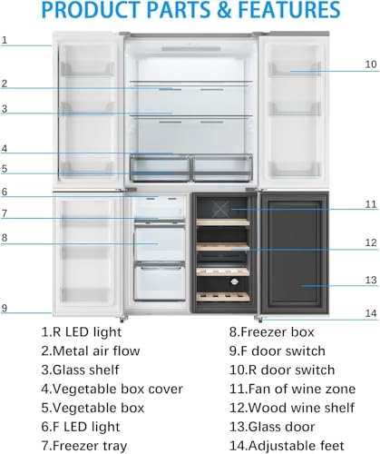 21 Cu. Ft French Door Counter Depth Stainless Steel Refrigerators with 4 Doors, Bottom Freezer, Interior Led Light, and Wine Cooler – Perfect for Kitchen, Office