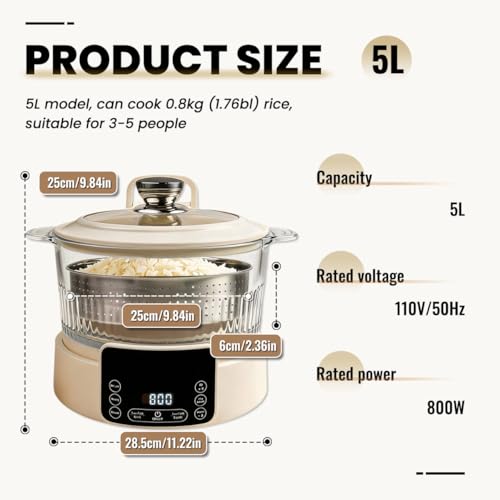 Image of Low Carb Rice Cooker, Multifunction Smart Rice Cooker, Transparent and Visible food Steamer with Auto Lift Filter Basket (5L)