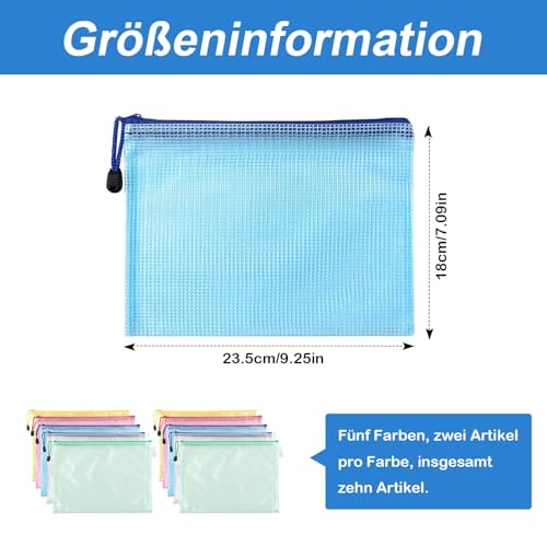 10 Stück Dokumententasche A5, Reißverschlusstasche Wasserdichte Mesh Dokumententaschen,Reißverschlussbeutel für Bürobedarf,Schulmaterial,Dokumente Case,Papier,Quittungen,Kosmetika,5 Farben