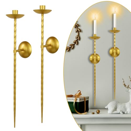 lobolighting Candle Sconces Long Wall Candle Holder Set of 2 Gold Candle Wall Sconce Twisted Wall Sconces Candle Holder Decoration for Dining Room, Fireplace, Living Room, Stairway (Gold, 23.6 Inch)