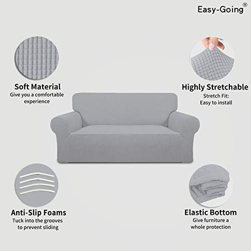 Image of Easy-Going Stretch Oversized Loveseat Slipcover 1-Piece Sofa Cover Furniture Protector Couch Soft with Elastic Bottom for Kids Polyester Spandex Jacquard Fabric Small Checks Silver Gray
