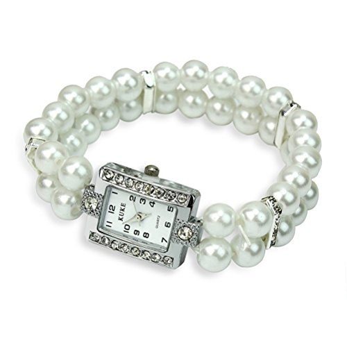 LEORX Frauen Perlen Quarz Armband Wirst sehen zwei Zeile Pearl und Strass verziert Watch (weiß)