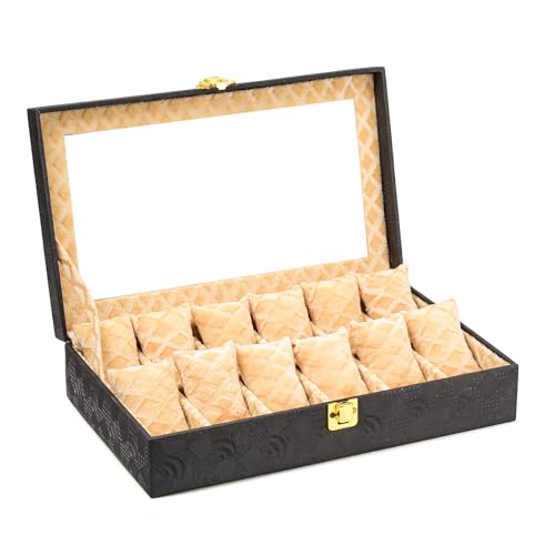 Image of NAAZS Trendy Watch Box Organizer for Men & Women Black Leatherette Watch Storage Case with Transparent Lid Holds 12 Watches Stylish Wrist Watch Display,Organizer,Case,Box