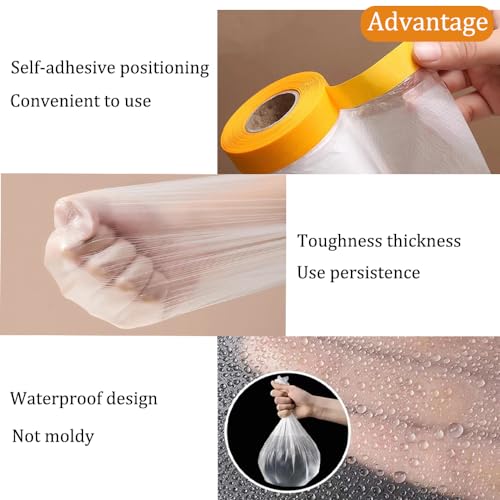 Image of OULIGET Taped Masking Film,Plastic Dust Proof Paint Protective Film,Waterproof Transparent Masking Film and Tape, Paint Masking Film for Furniture Wall Car Carpet,14 X 65 Feet X 2 Rolls