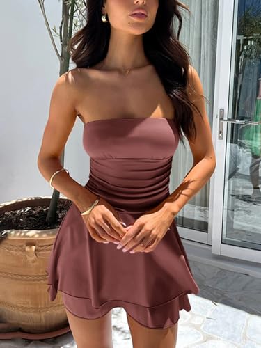 Image of Women Sexy Tube Top Silk Dress Strapless Ruched Basque Waist Ruffle Layer Mini Dress Jumpsuit Party Dresses