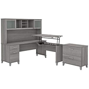 Bush Furniture Somerset 72W 3 Position Sit to Stand L Shaped Desk with Hutch and File Cabinet in Platinum Gray