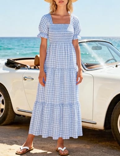 Image of ZESICA Women's 2026 Boho Summer Dresses Gingham Puff Sleeve Square Neck Flowy Beach Midi Dress