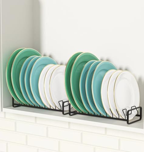 Plate Organizer for Cabinet (2-Pack),Kitchen Dish Rack Organizer for Cabinet Countertop Drawer Space Saver，8 Slots Vertical Plate Holder Storage Rack, Housewarming Kitchen Gifts for Women (Black)