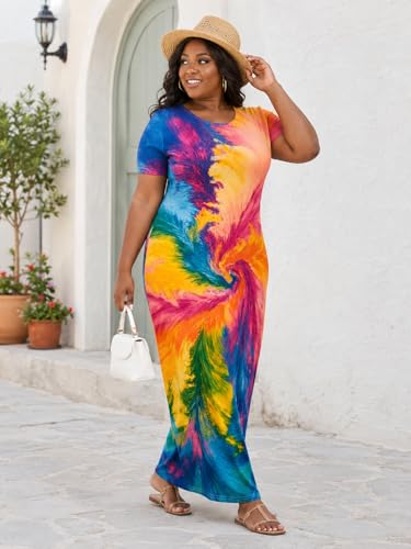 Image of SUZONANA Plus Size Maxi Dress for Curvy Women Summer Casual Sundress Short Sleeve Loose Vacation Dress