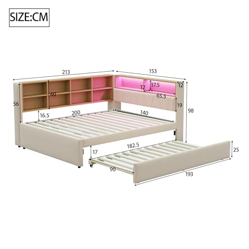 Tagesbett Schlafsofa 140x200 cm, Polsterbett Multifunktionsbett mit Ausziehbarem Bett 90x190 cm&USB-Steckdose&LED Leuchten& Mehreren Ablagefächern, Doppelbett mit Lattenrost, Ohne Matratze, Beige – Bild 3