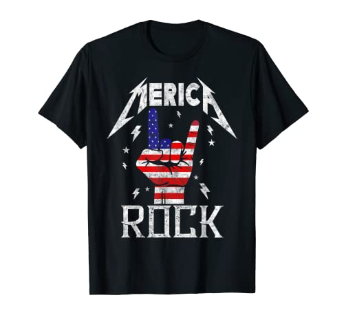 Merica Rock Sign 4th of July Vintage American Flag Retro USA Camiseta